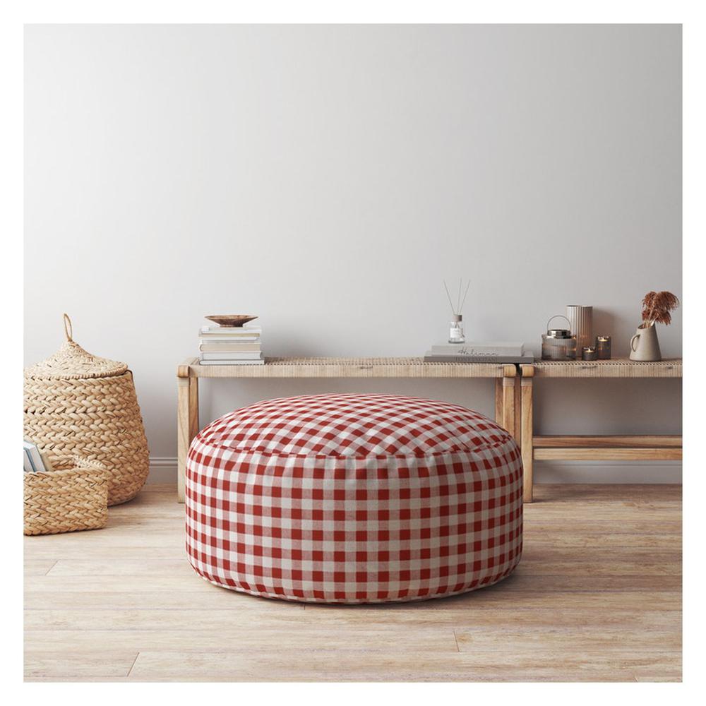 24" Red And White Cotton Round Gingham Pouf Ottoman. Picture 4