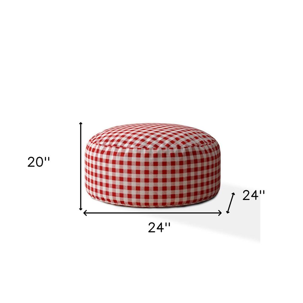 24" Red And White Cotton Round Gingham Pouf Ottoman. Picture 5