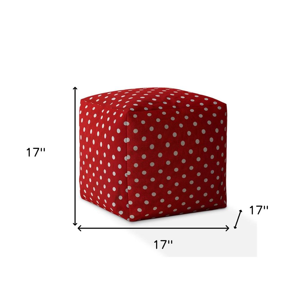 17" Red Cotton Polka Dots Pouf Ottoman. Picture 5