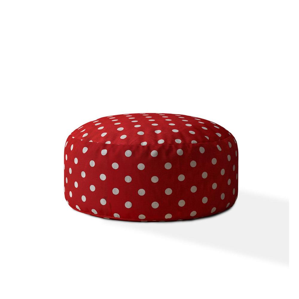 24" Red Cotton Round Polka Dots Pouf Ottoman. Picture 1