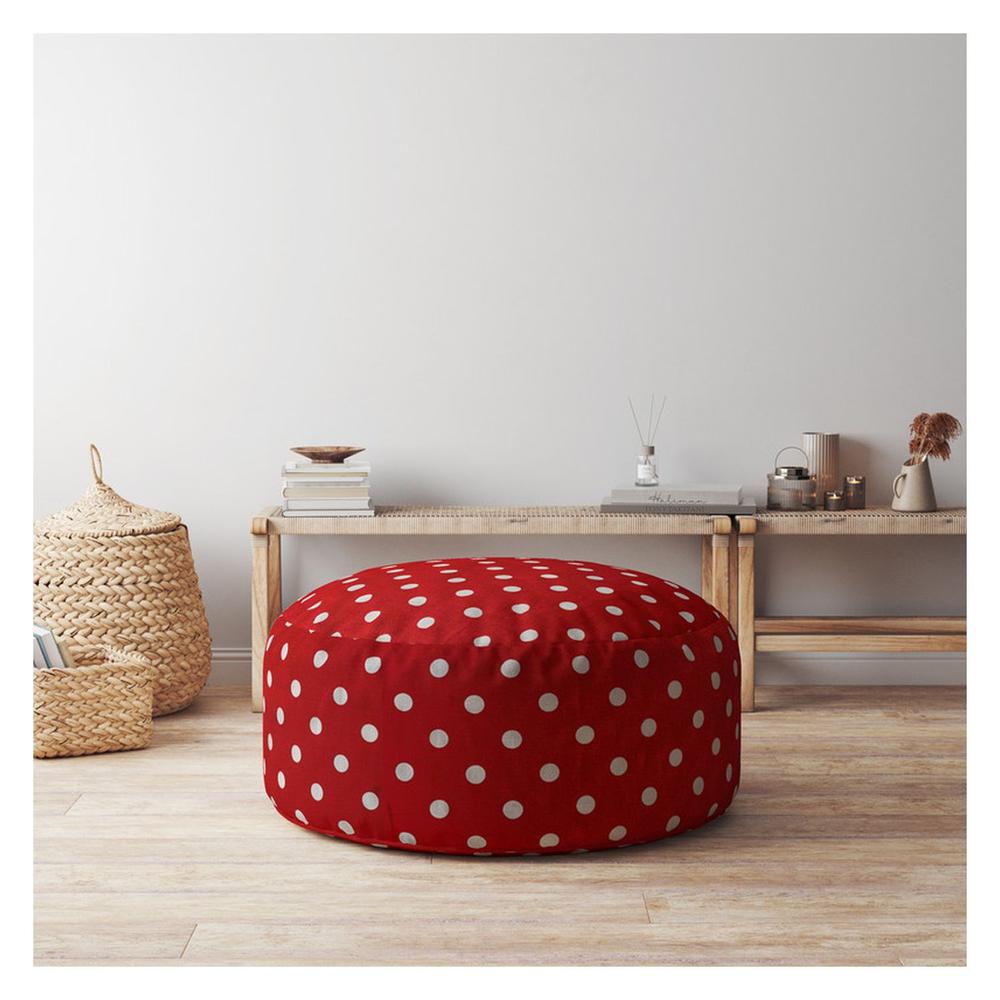 24" Red Cotton Round Polka Dots Pouf Ottoman. Picture 4