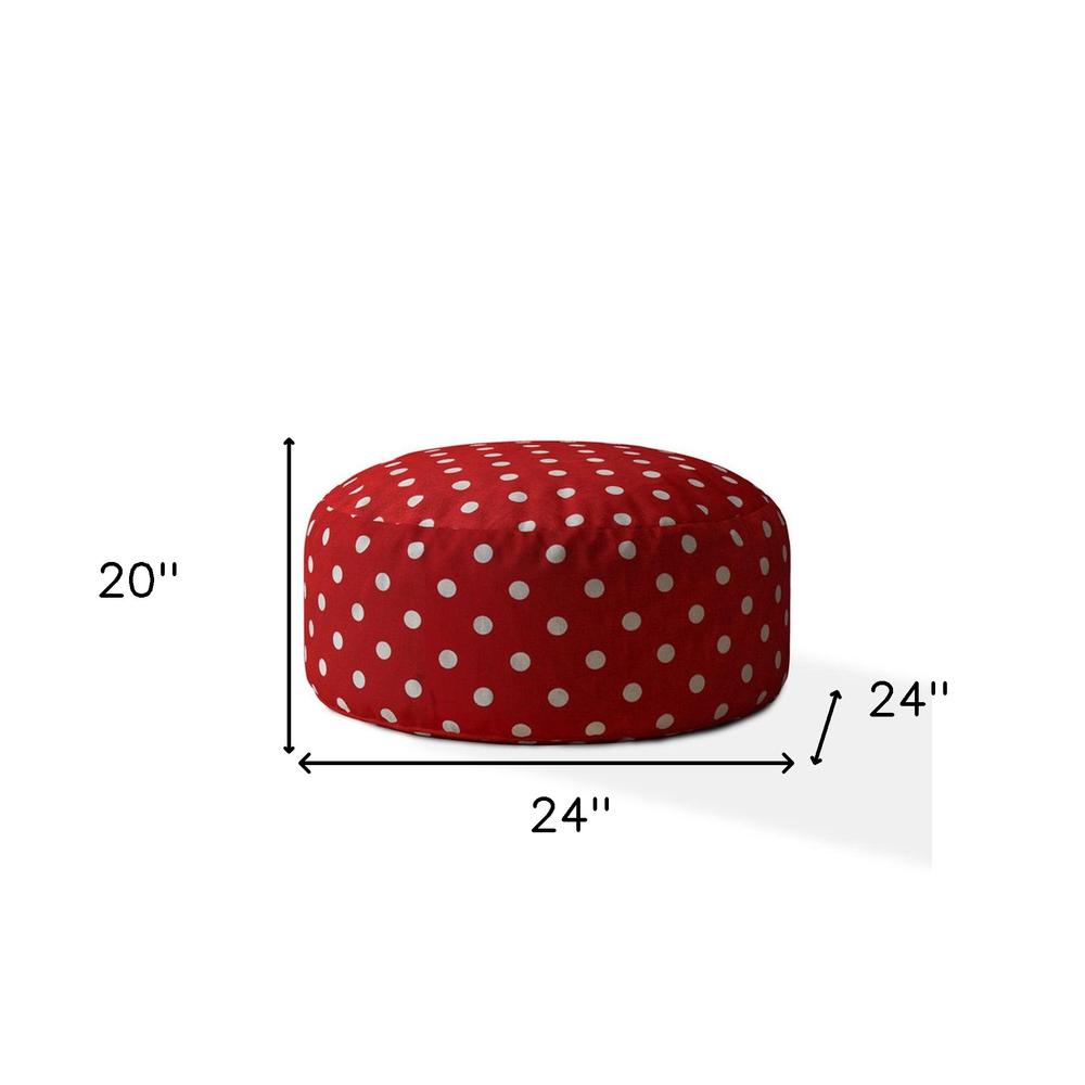 24" Red Cotton Round Polka Dots Pouf Ottoman. Picture 5