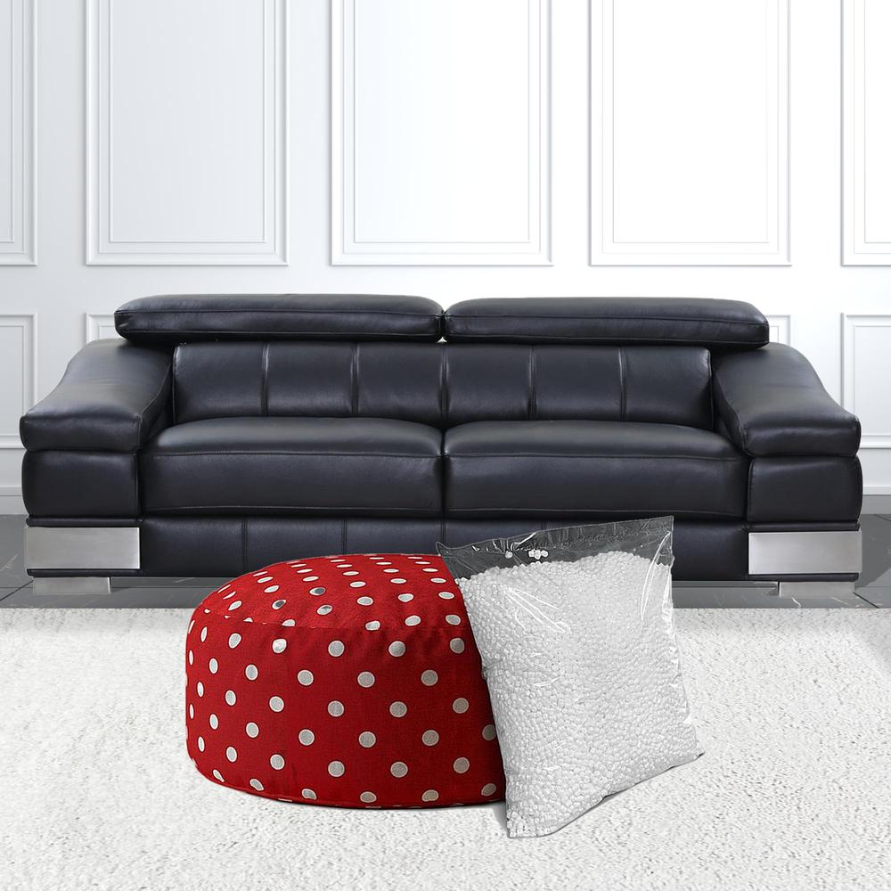 24" Red Cotton Round Polka Dots Pouf Ottoman. Picture 3