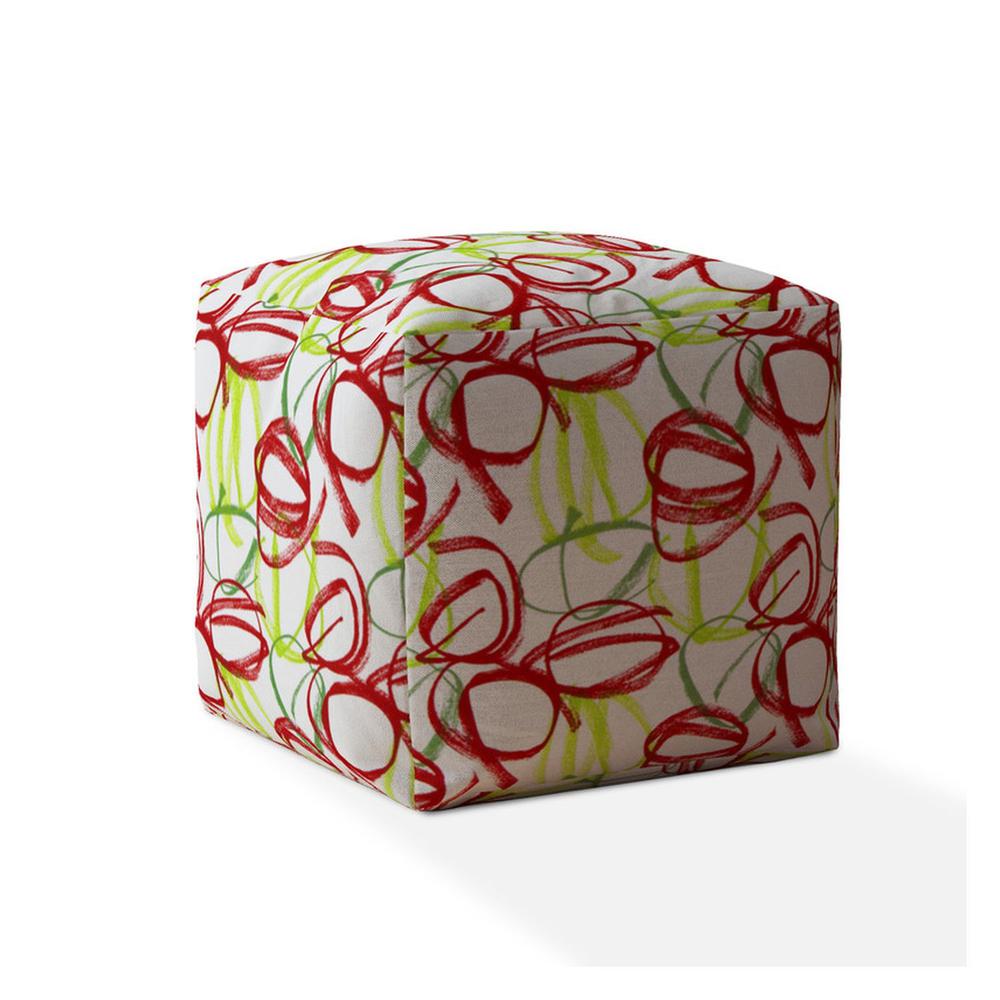 17" Red And White Cotton Abstract Pouf Ottoman. Picture 1