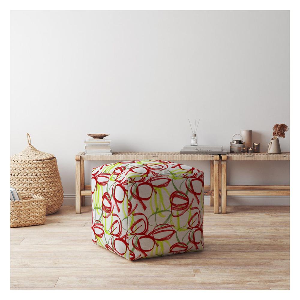 17" Red And White Cotton Abstract Pouf Ottoman. Picture 4