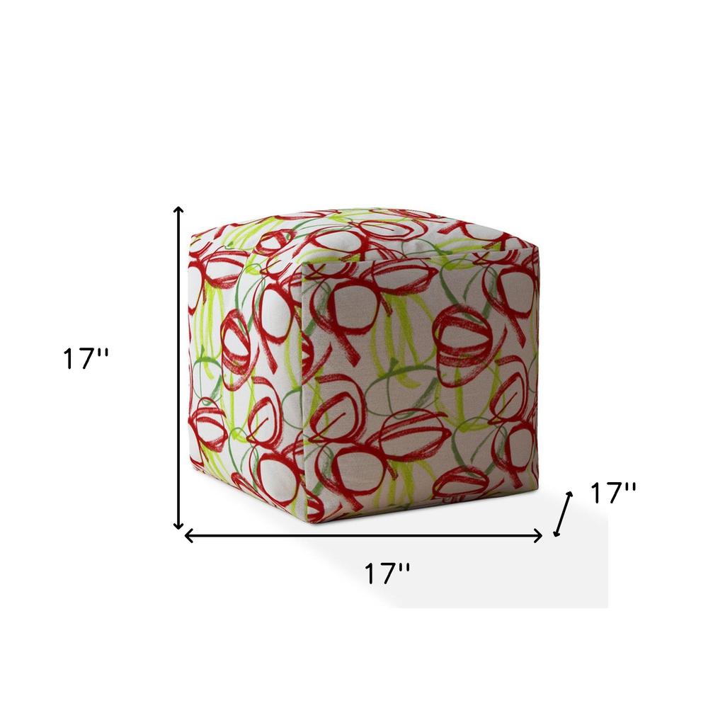 17" Red And White Cotton Abstract Pouf Ottoman. Picture 5