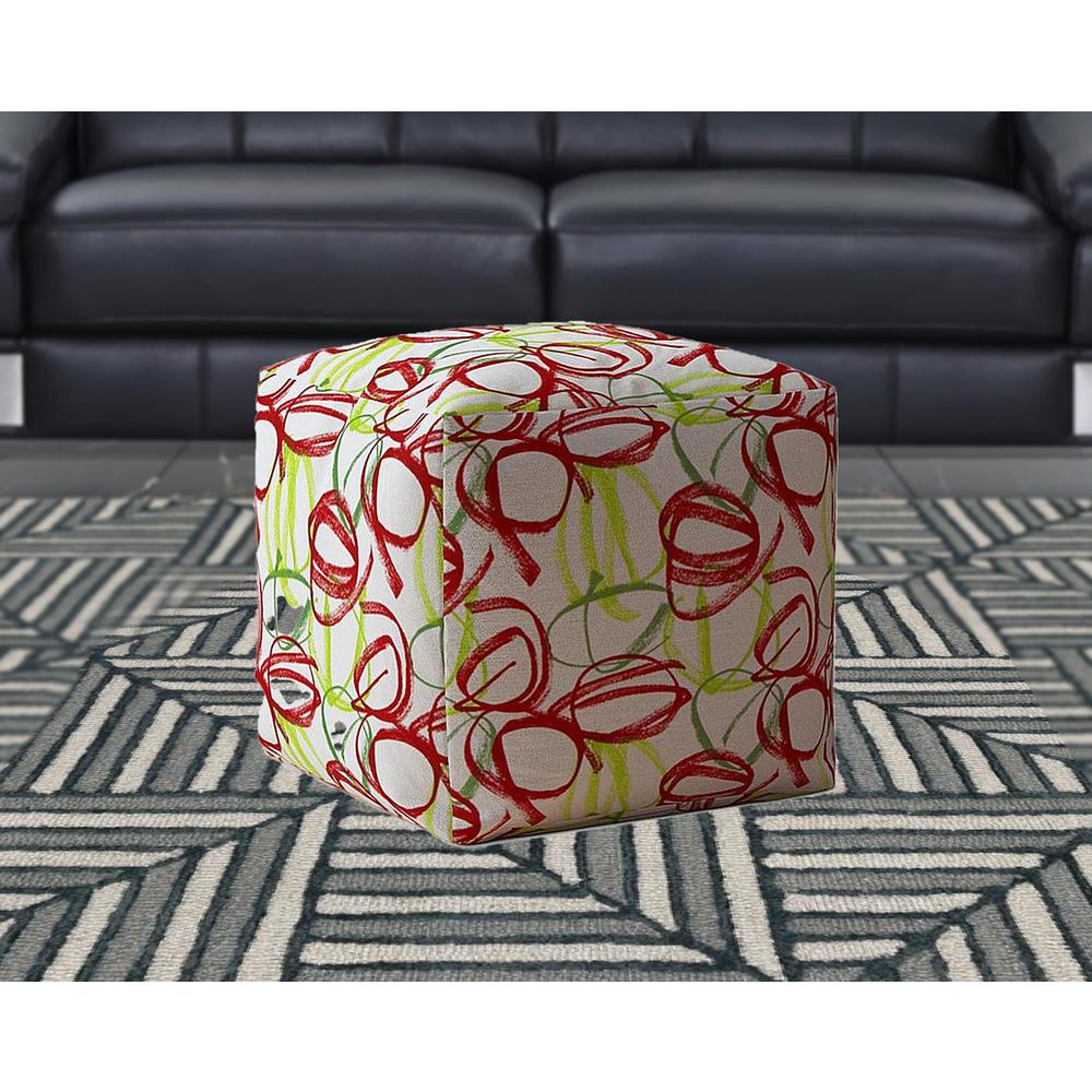 17" Red And White Cotton Abstract Pouf Ottoman. Picture 2