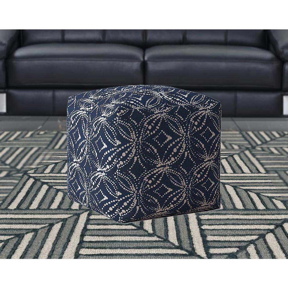 17" Blue And White Canvas Damask Pouf Ottoman. Picture 2