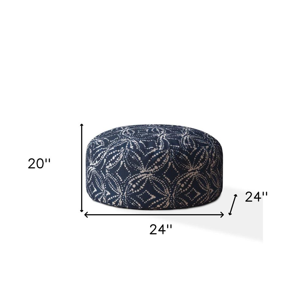 24" Blue And White Canvas Round Damask Pouf Ottoman. Picture 5