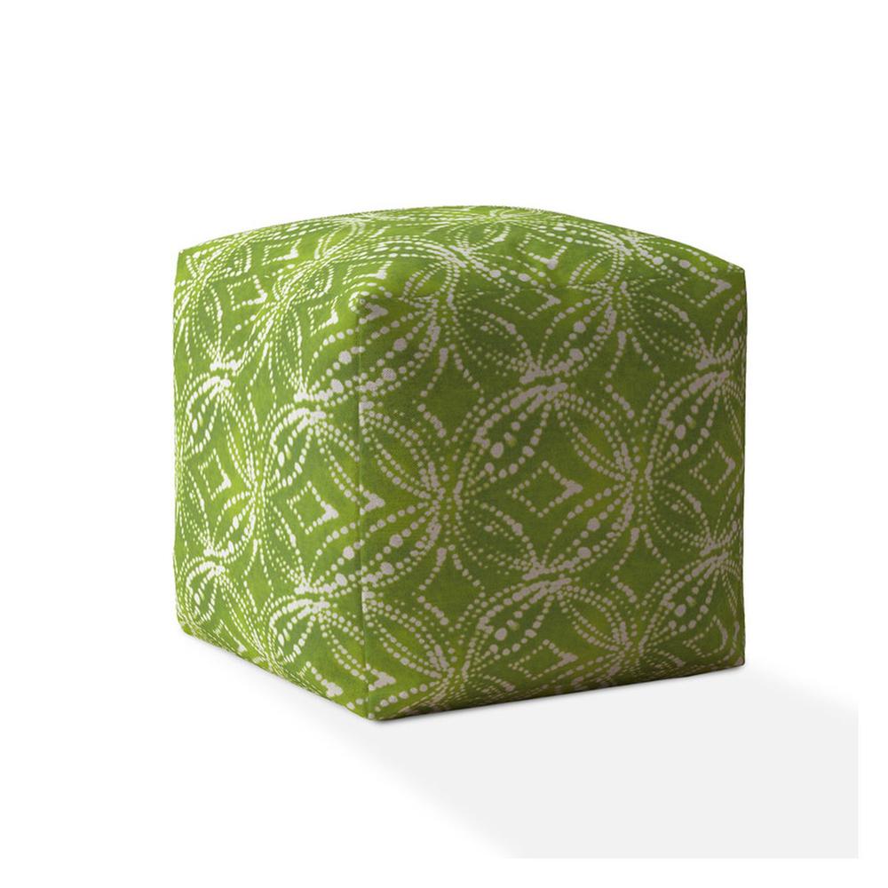 17" Green And White Cotton Damask Pouf Ottoman. Picture 1