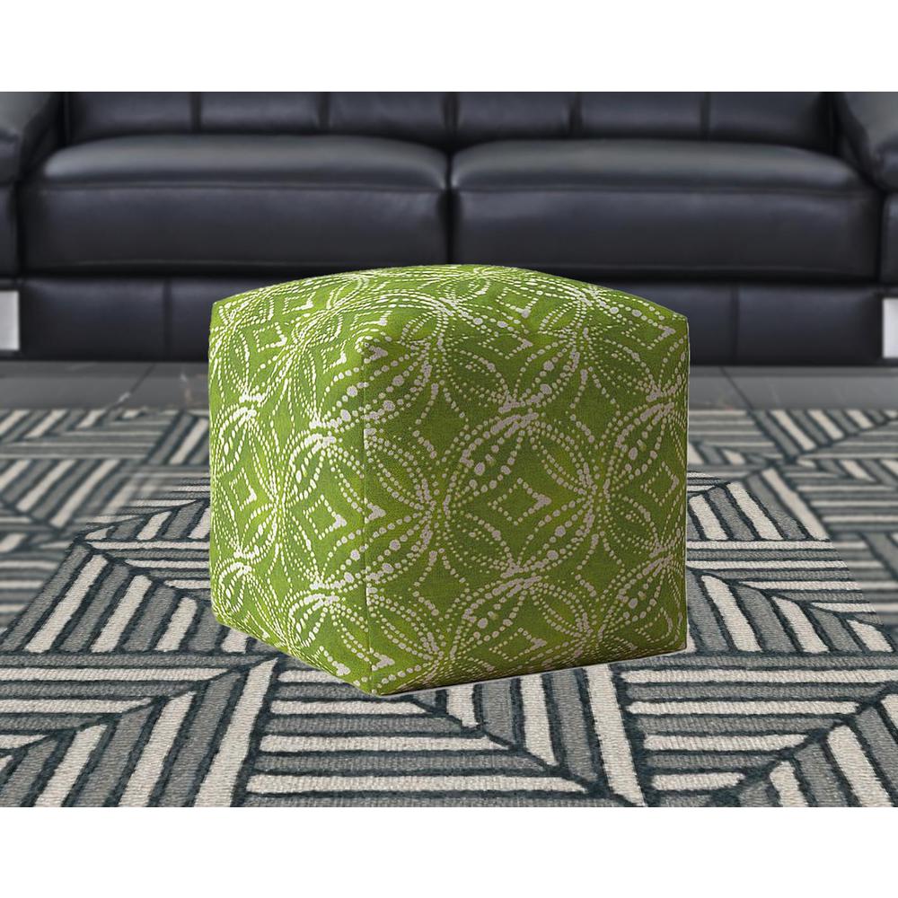 17" Green And White Cotton Damask Pouf Ottoman. Picture 2