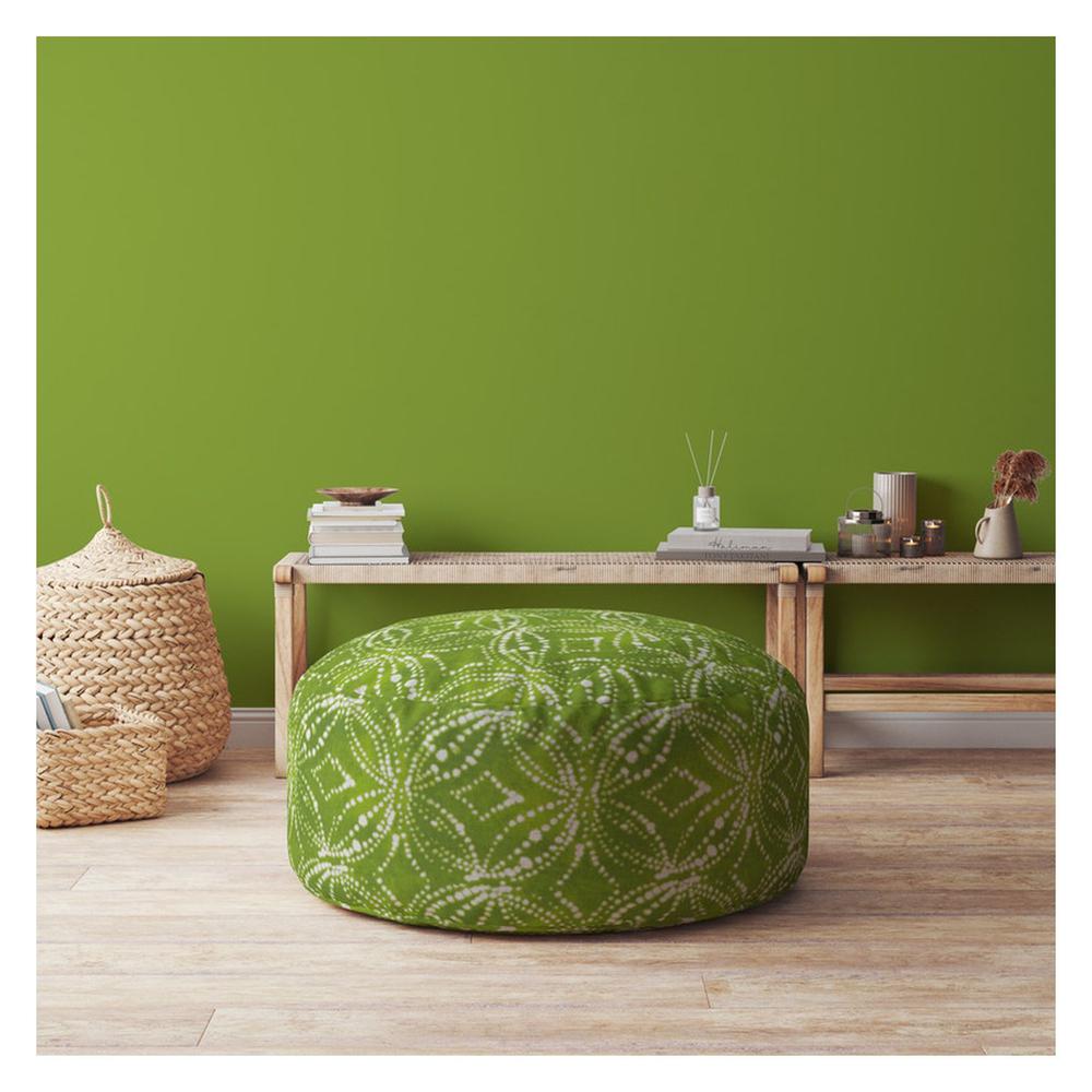 24" Green And White Cotton Round Damask Pouf Ottoman. Picture 4