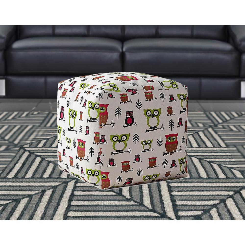 17" Green And White Cotton Owls Pouf Ottoman. Picture 2