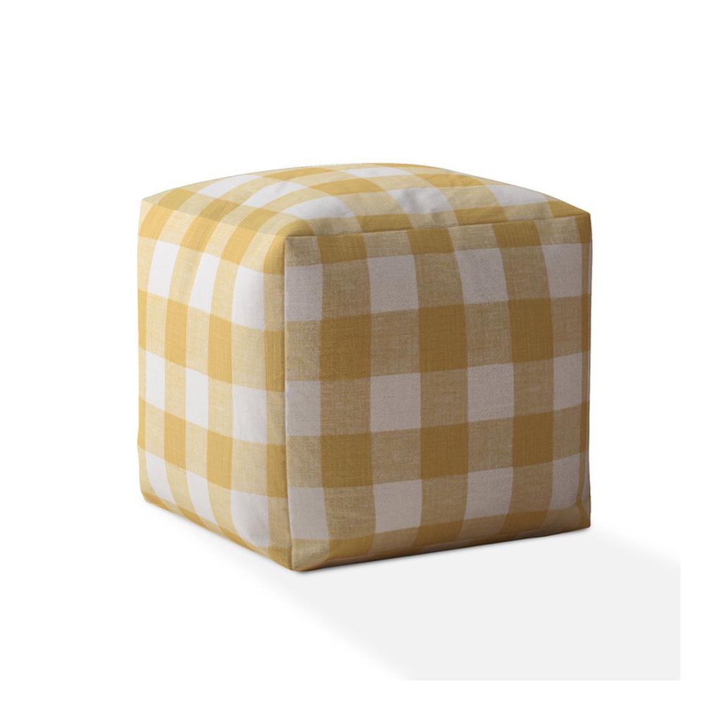 17" Yellow And White Canvas Gingham Pouf Cover. Picture 1