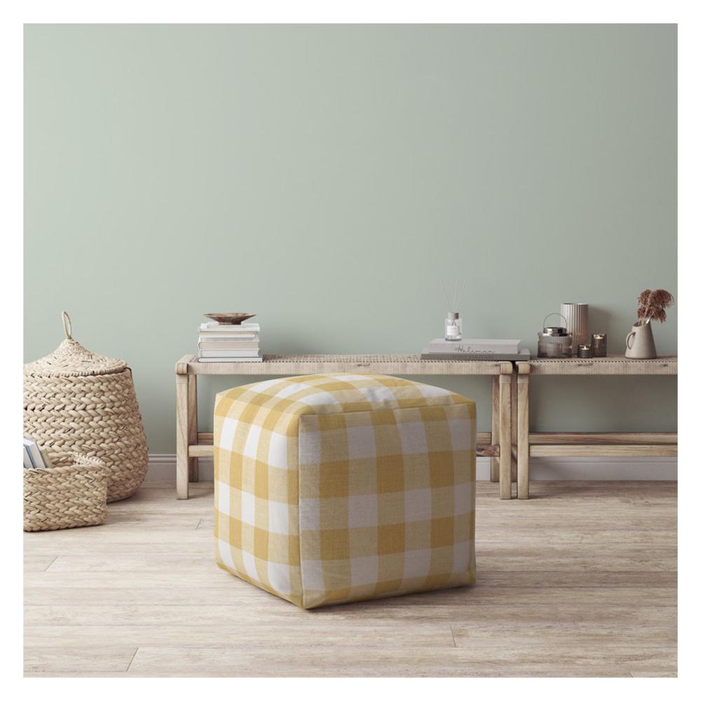17" Yellow And White Canvas Gingham Pouf Cover. Picture 4