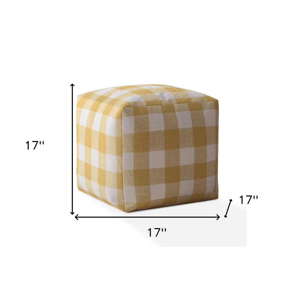 17" Yellow And White Canvas Gingham Pouf Cover. Picture 5