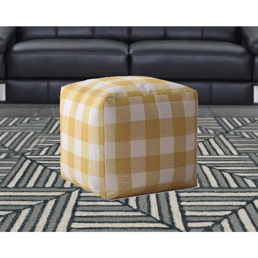 17" Yellow And White Canvas Gingham Pouf Cover. Picture 2