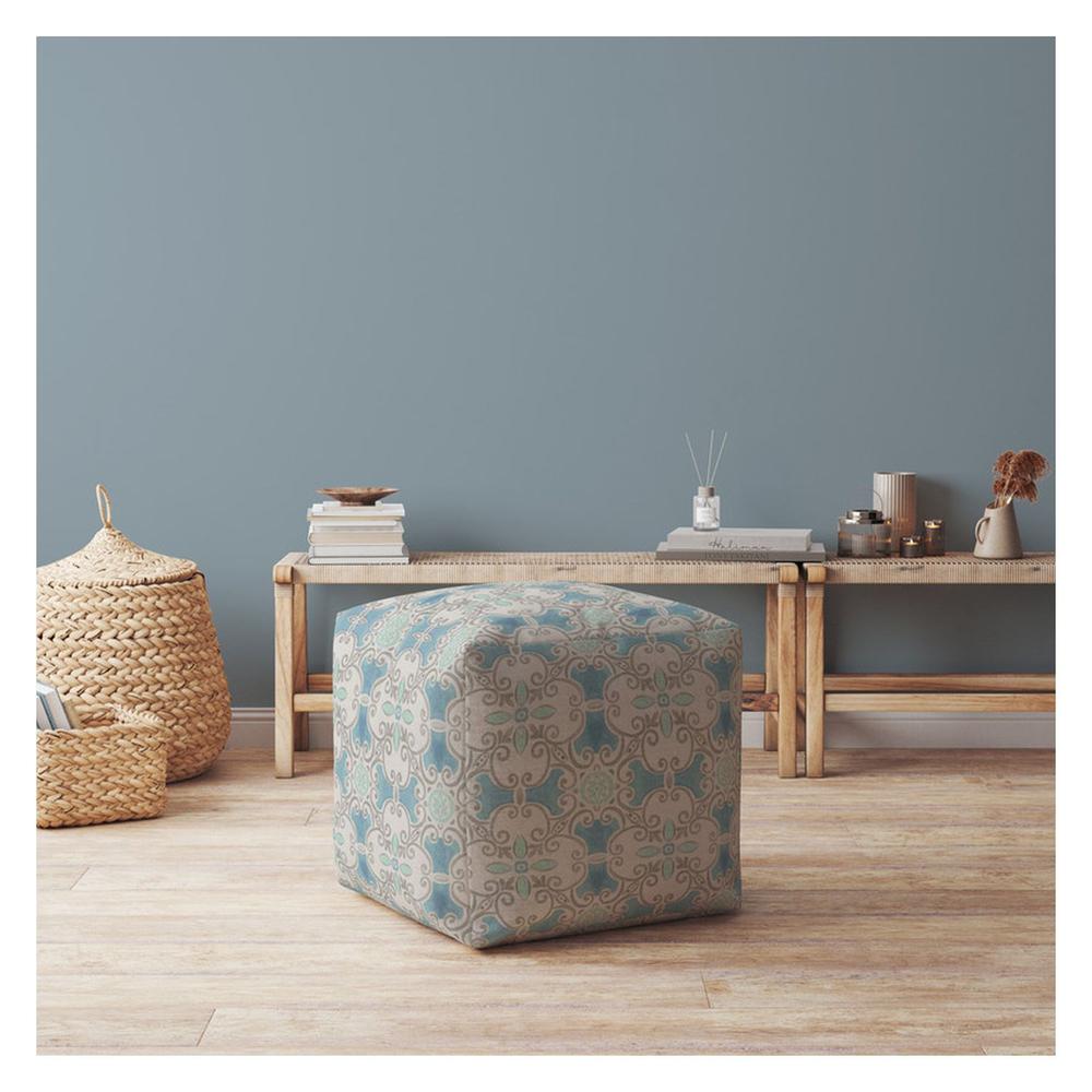 17" Blue Flax Ikat Pouf Cover. Picture 4