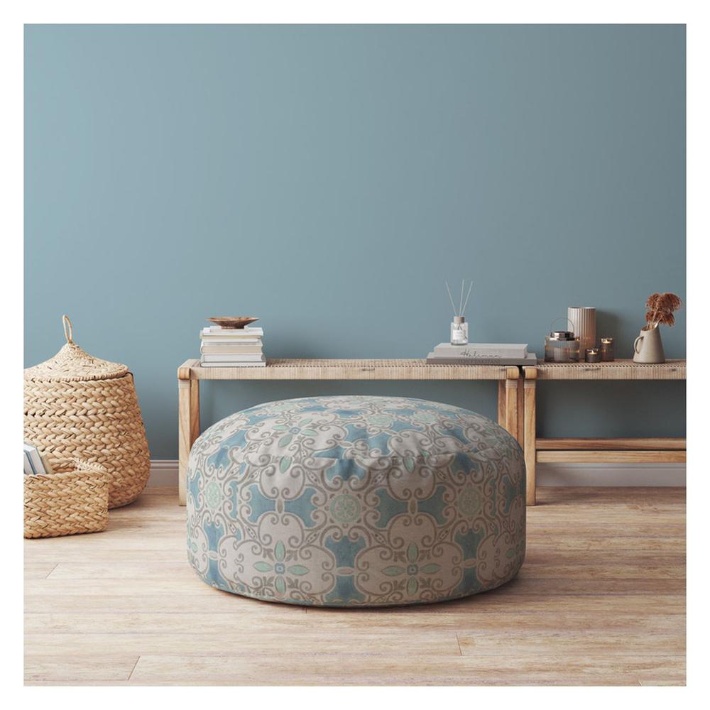24" Blue Flax Round Ikat Pouf Cover. Picture 4
