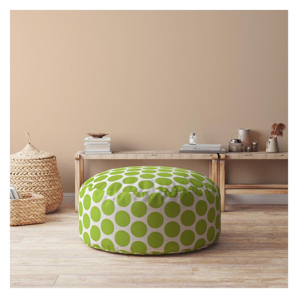 24" Green And White Cotton Round Polka Dots Pouf Cover. Picture 4