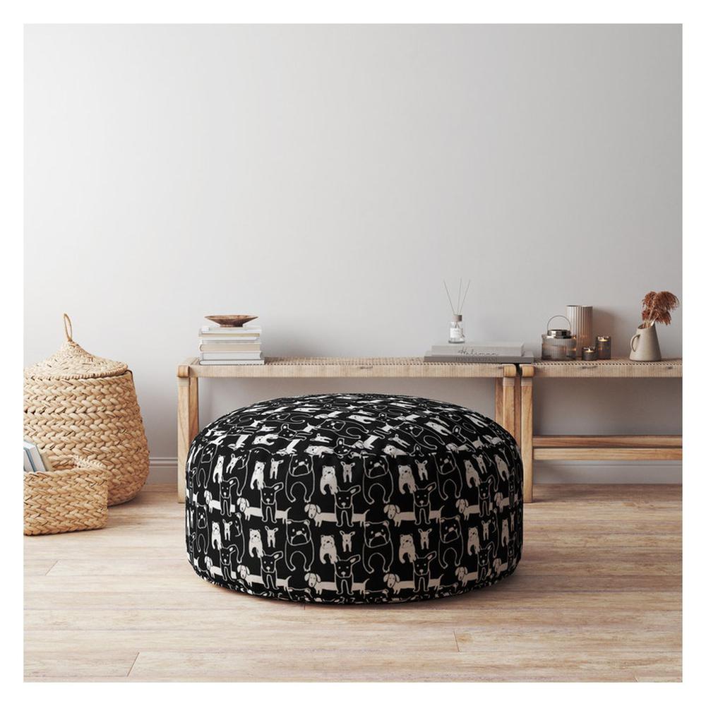 24" Black And White Cotton Round Dog Pouf Cover. Picture 4