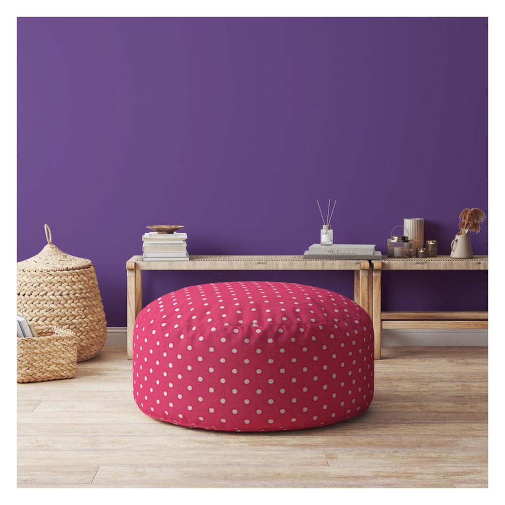 24" Pink And White Cotton Round Polka Dots Pouf Cover. Picture 4