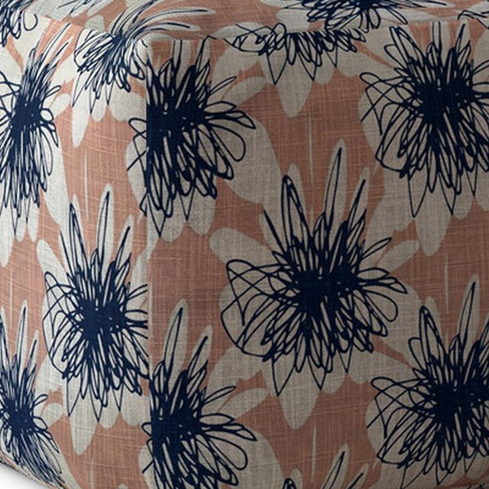 17" Pink And Blue Canvas Floral Pouf Cover. Picture 3