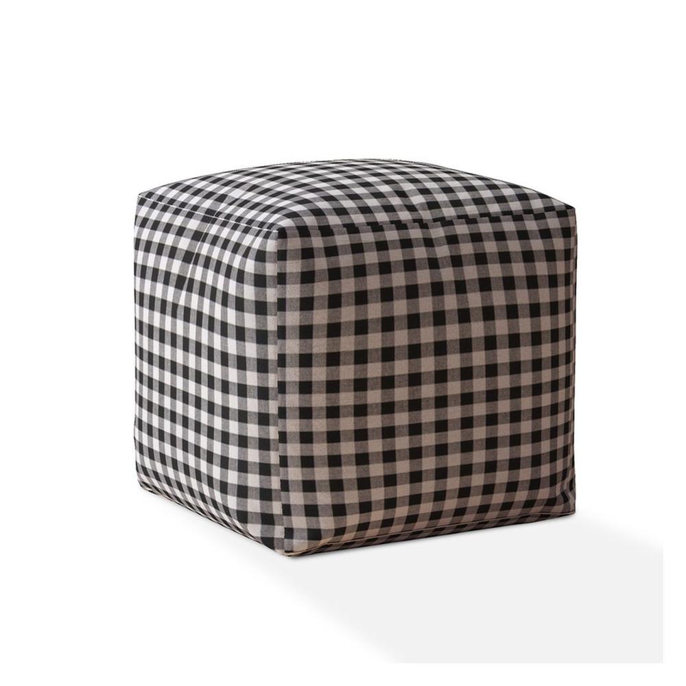 17" Black And Gray Cotton Gingham Pouf Cover. Picture 1