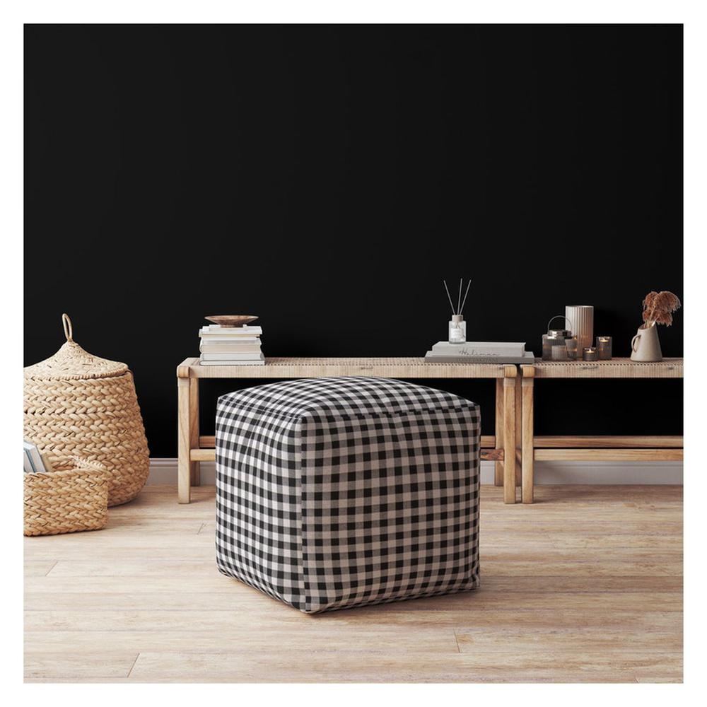 17" Black And Gray Cotton Gingham Pouf Cover. Picture 4