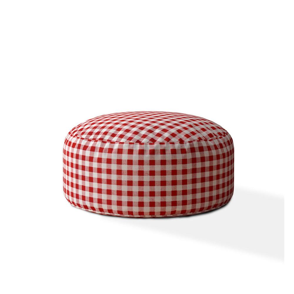 24" Red And White Cotton Round Gingham Pouf Cover. Picture 1