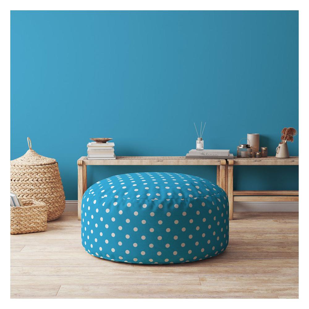 24" Blue And White Cotton Round Polka Dots Pouf Cover. Picture 4