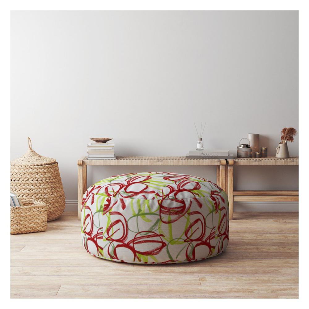 24" Green And White Cotton Round Abstract Pouf Cover. Picture 4