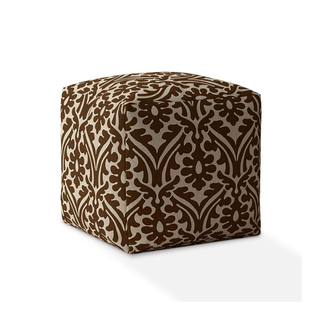 17" Brown Cotton Damask Pouf Cover. Picture 1
