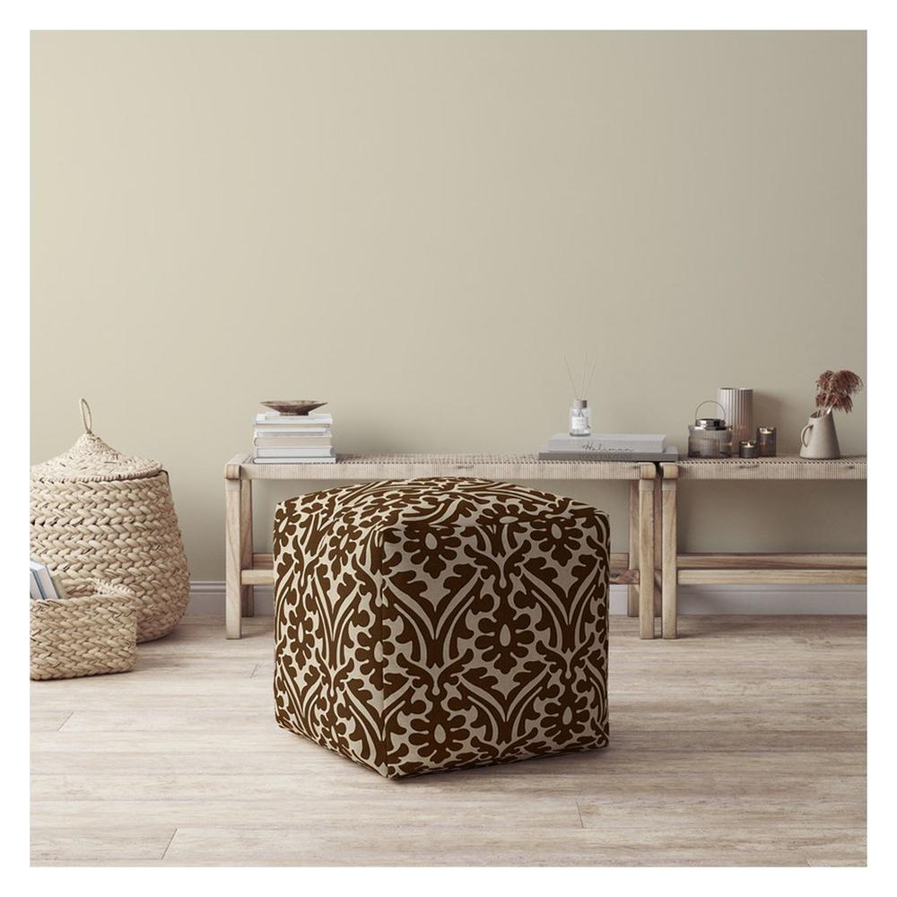17" Brown Cotton Damask Pouf Cover. Picture 4