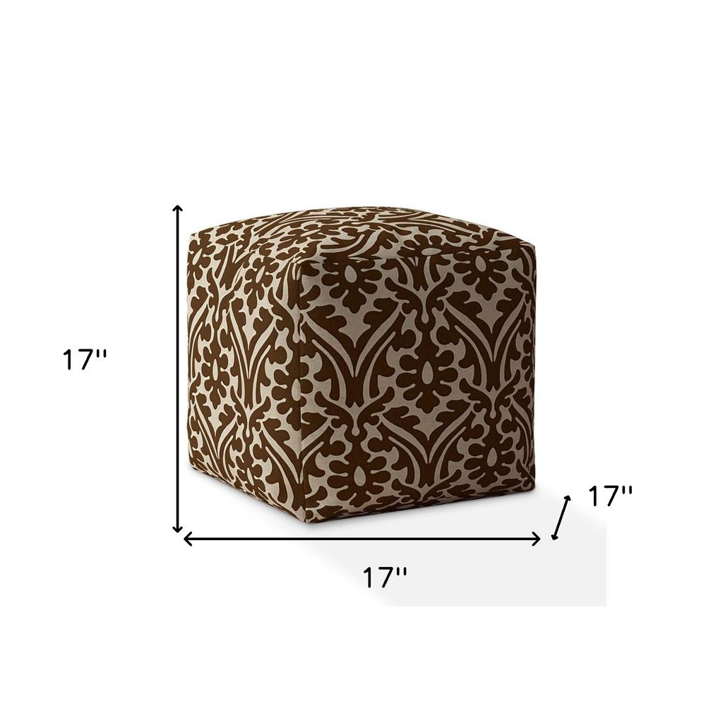 17" Brown Cotton Damask Pouf Cover. Picture 5
