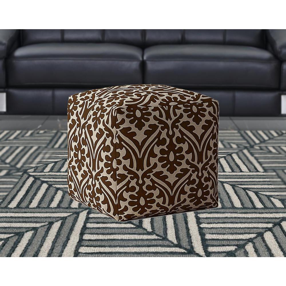 17" Brown Cotton Damask Pouf Cover. Picture 2