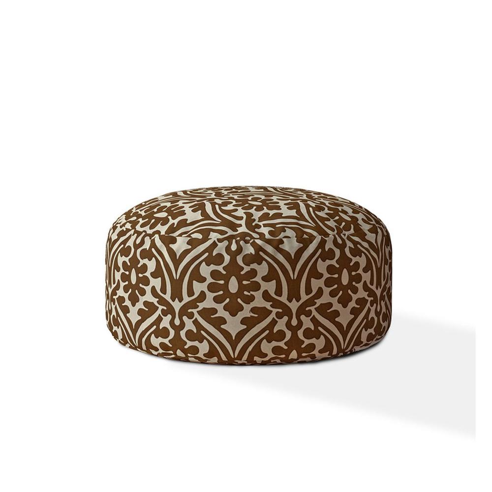 24" Brown Cotton Round Damask Pouf Cover. Picture 1