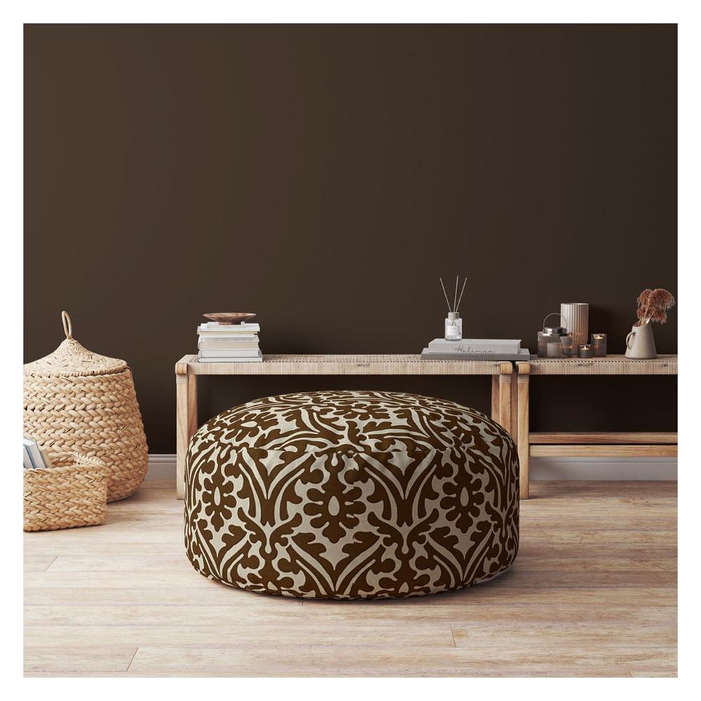 24" Brown Cotton Round Damask Pouf Cover. Picture 4
