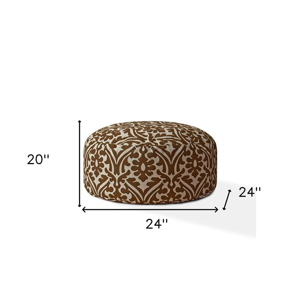 24" Brown Cotton Round Damask Pouf Cover. Picture 5