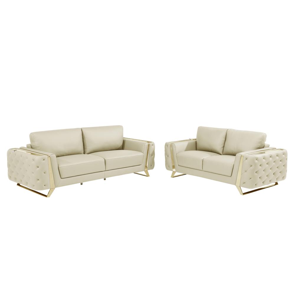 Two Piece Indoor Beige Italian Leather Five Person Seating Set. Picture 1
