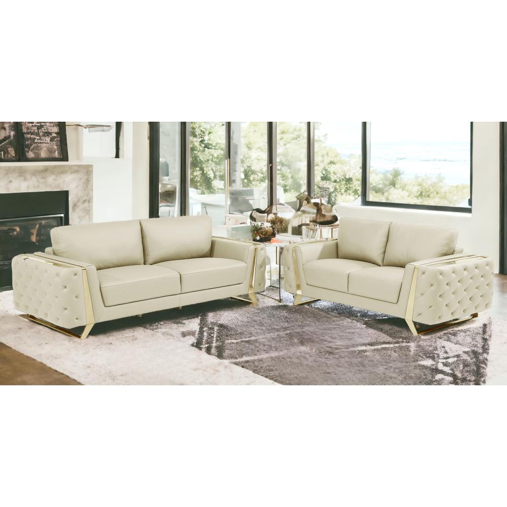 Two Piece Indoor Beige Italian Leather Five Person Seating Set. Picture 2