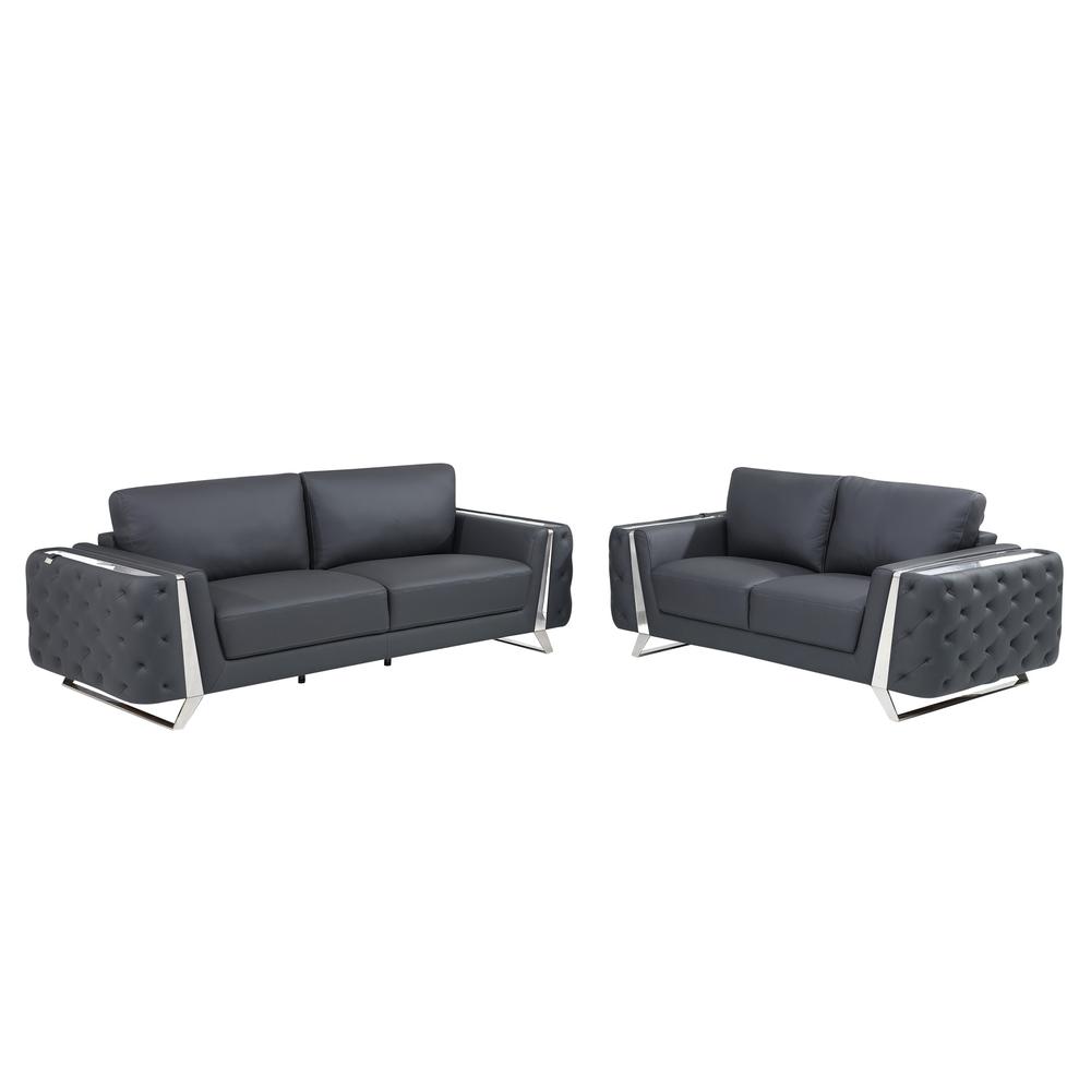 Two Piece Indoor Dark Gray Italian Leather Five Person Seating Set. Picture 1