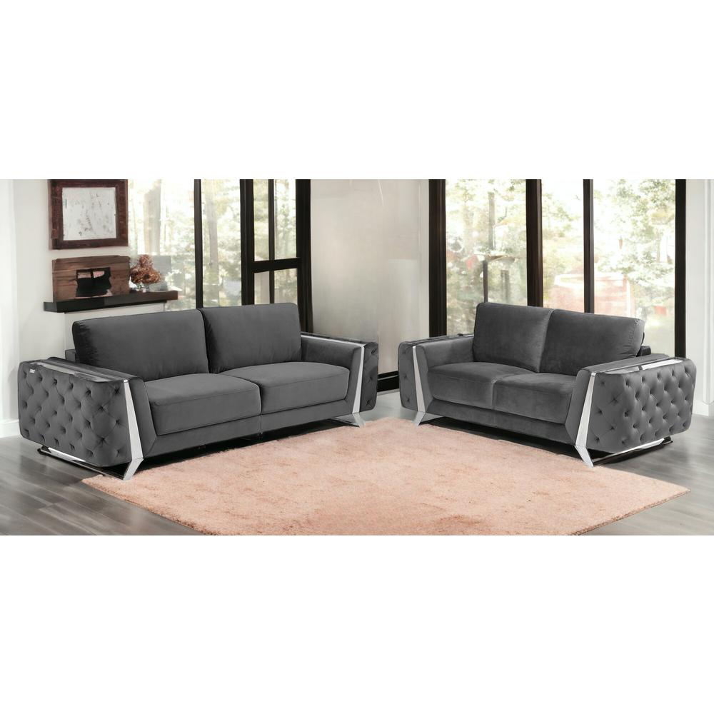 Two Piece Indoor Dark Gray Italian Leather Five Person Seating Set. Picture 2