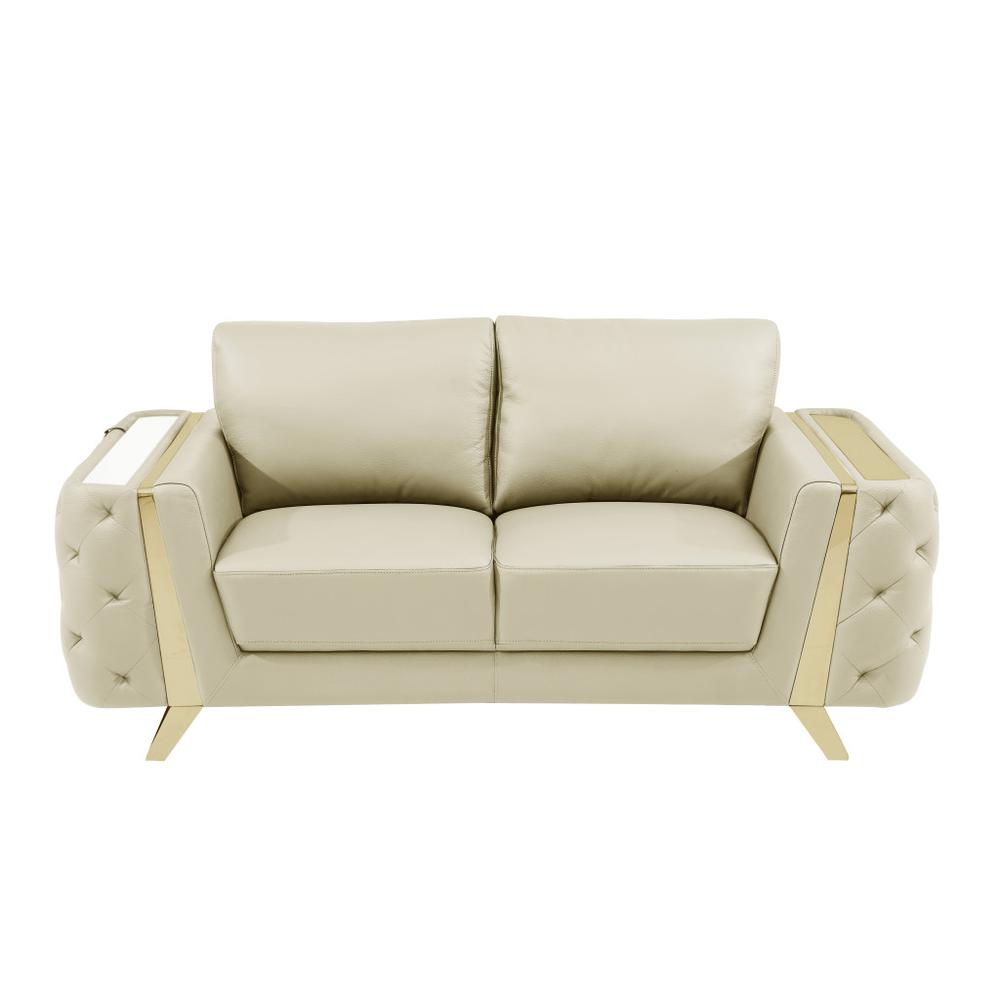 72" Beige And Gold Genuine Leather Love Seat. Picture 1