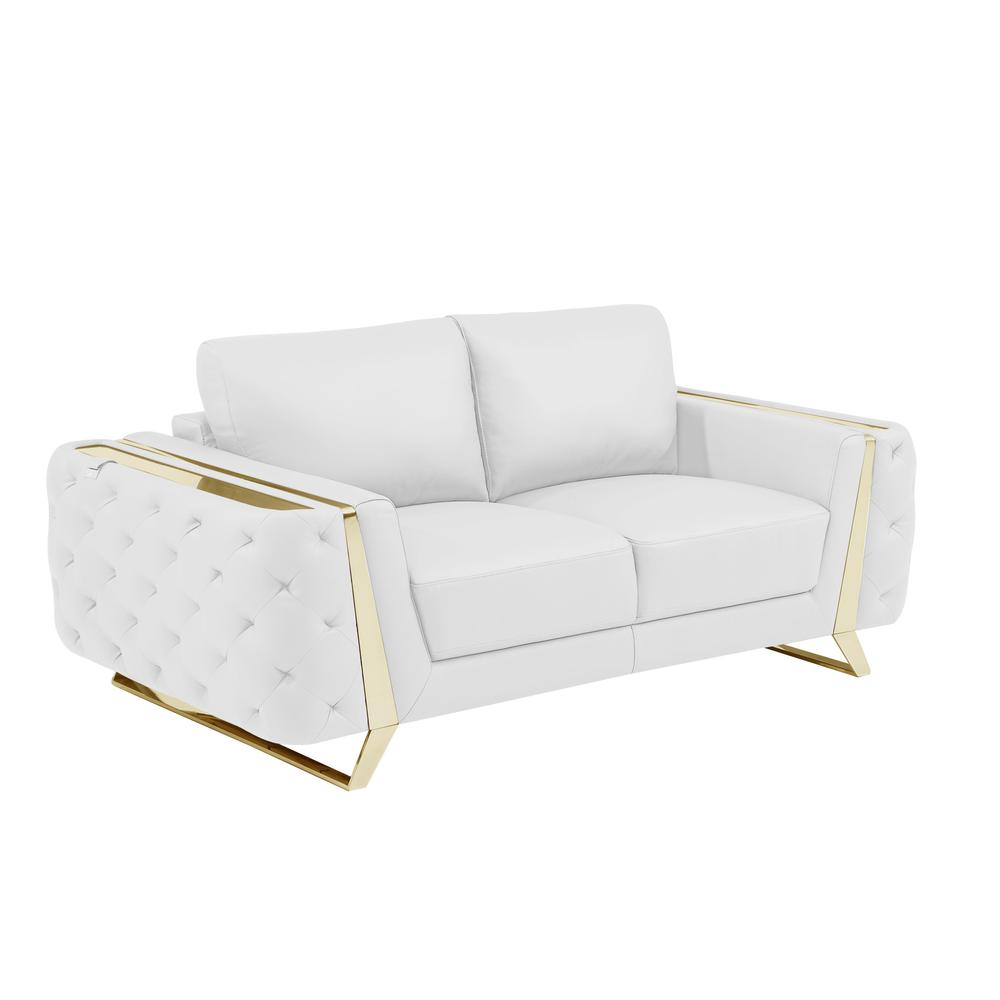 72" White And Gold Genuine Leather Love Seat. Picture 1
