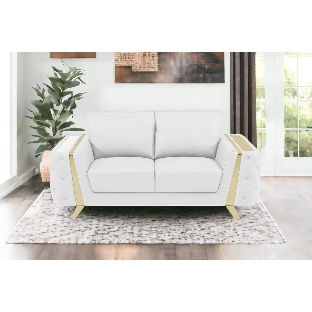 72" White And Gold Genuine Leather Love Seat. Picture 2
