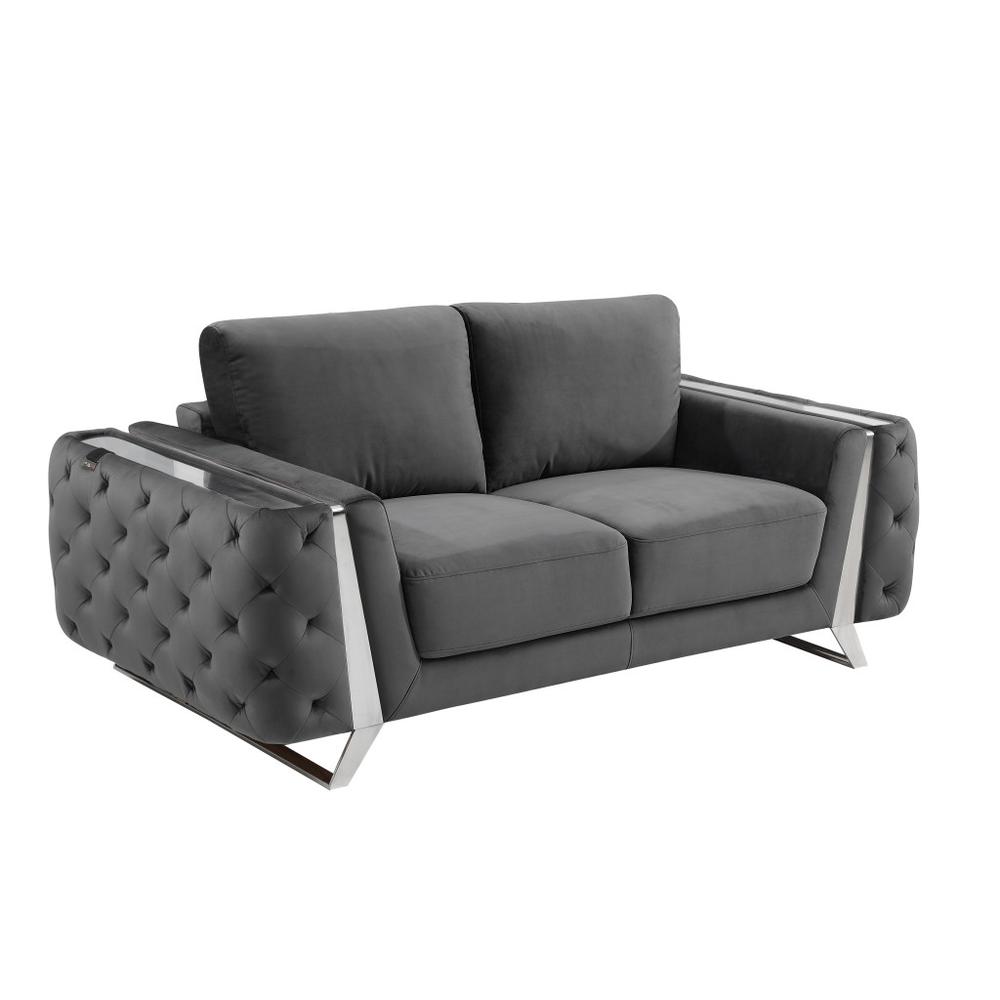 72" Dark Gray And Silver Velvet Love Seat. Picture 3