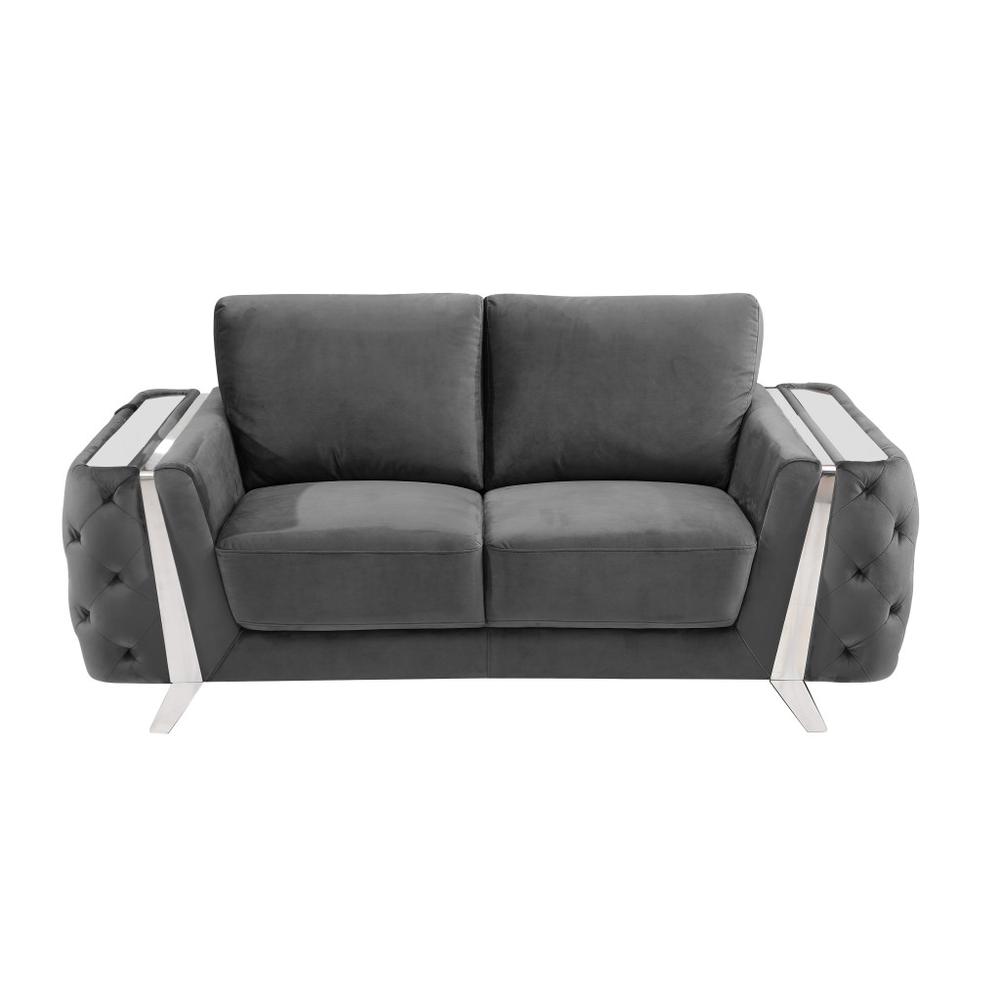72" Dark Gray And Silver Velvet Love Seat. Picture 4