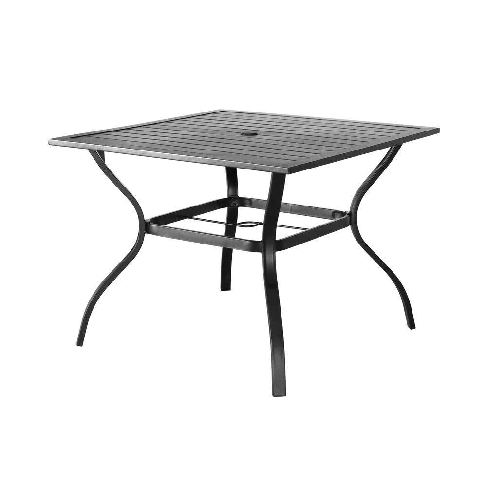 37" Black Square Metal Outdoor Dining Table With Umbrella Hole. Picture 1