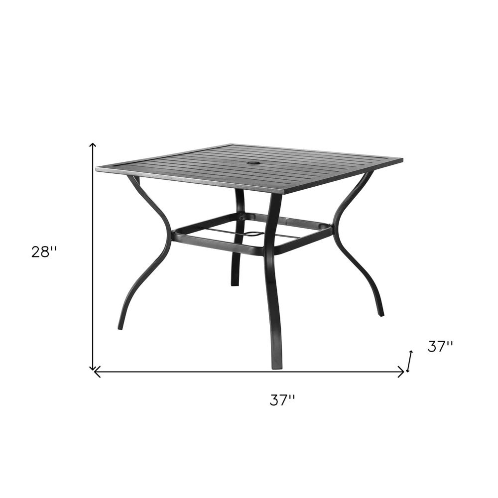 37" Black Square Metal Outdoor Dining Table With Umbrella Hole. Picture 6